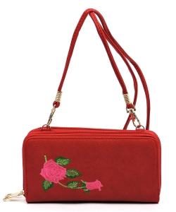 Embroidered Flower Double Zip Around Crossbody Wallet AD040E RED